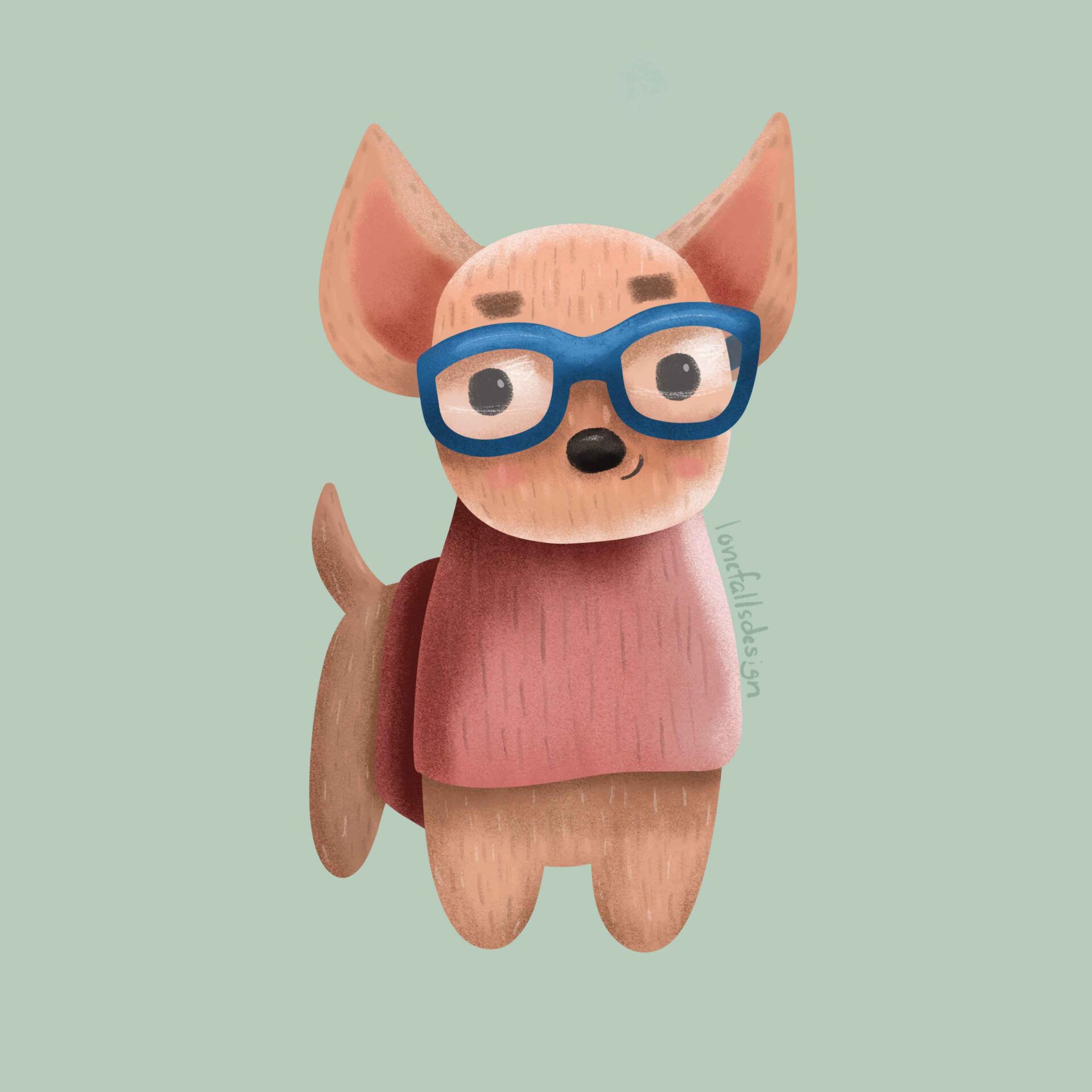 Stylish Chihuahua in glasses whimsical children's book illustration.