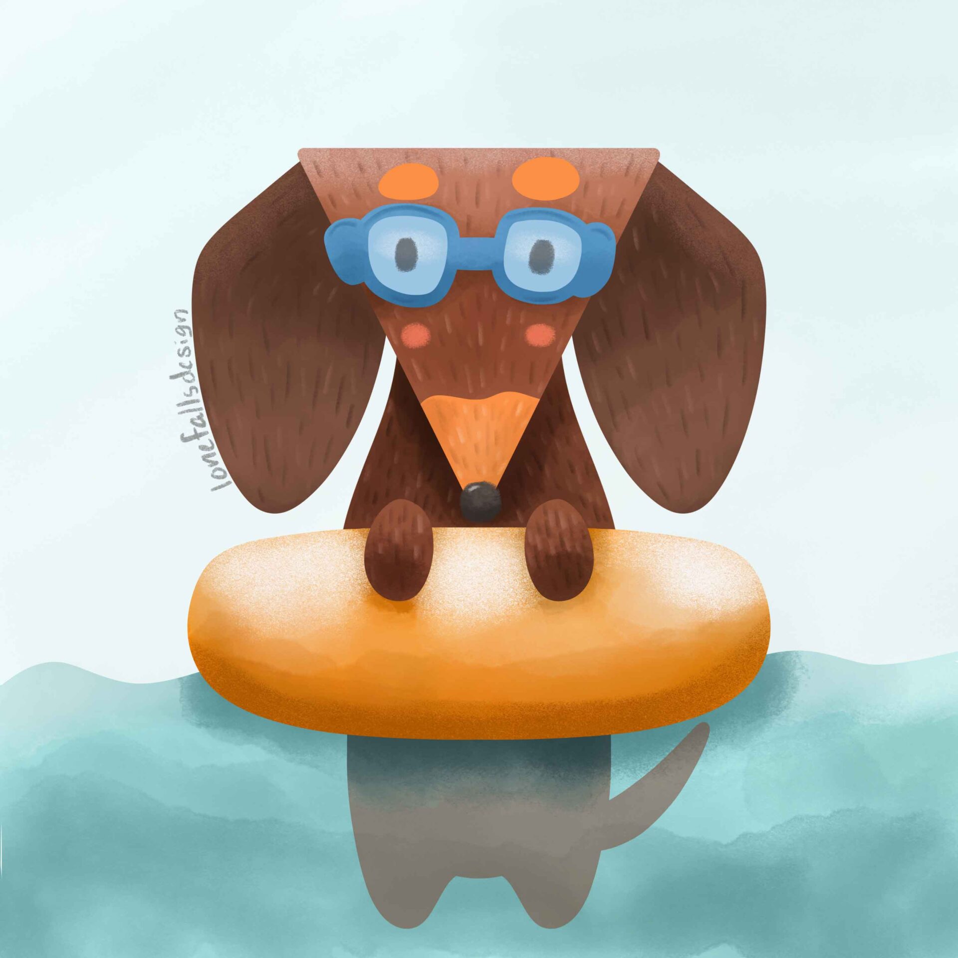 Dachshund in pool floatie cute whimsical illustration,