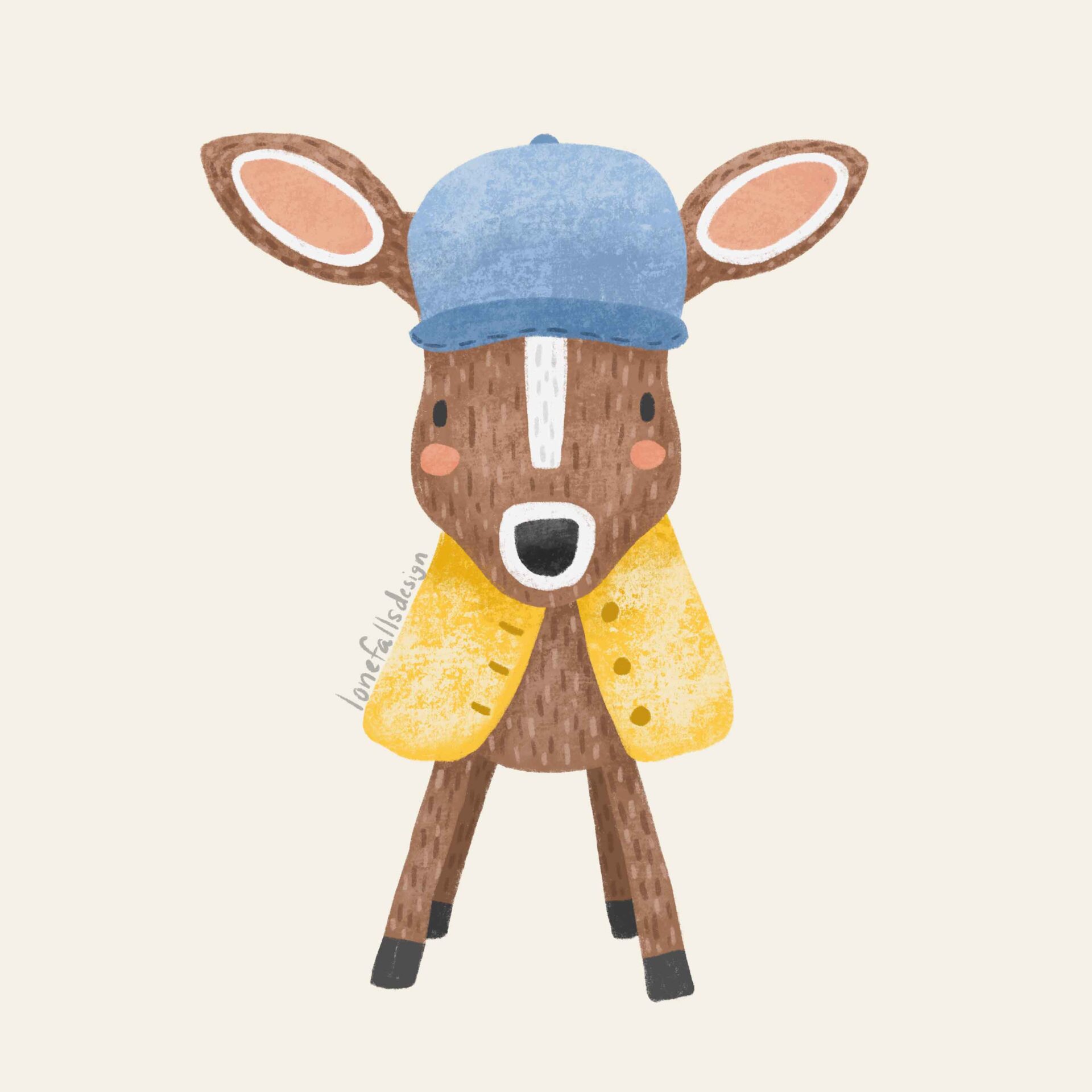 Whimsical cute little dear in raincoat and hat.