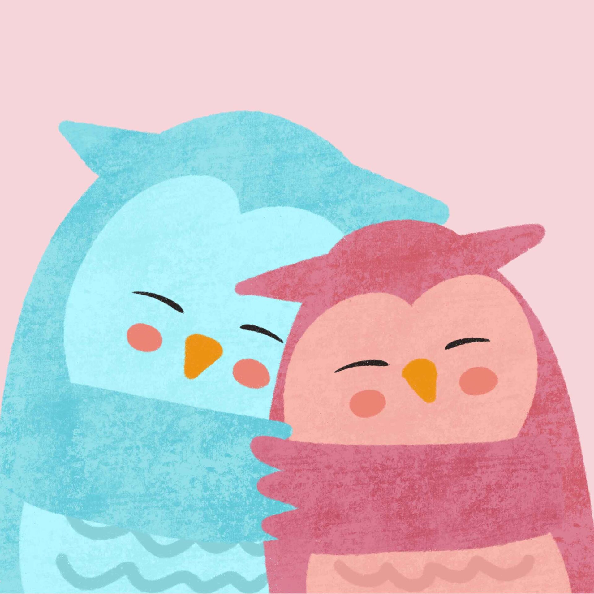 Cute happy owls whimsical illustration.