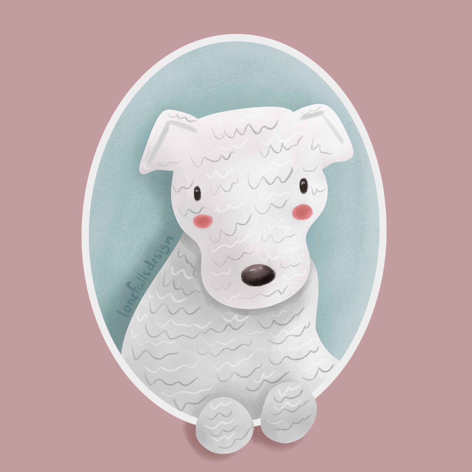 White dog in a mirror whimsical illustration.