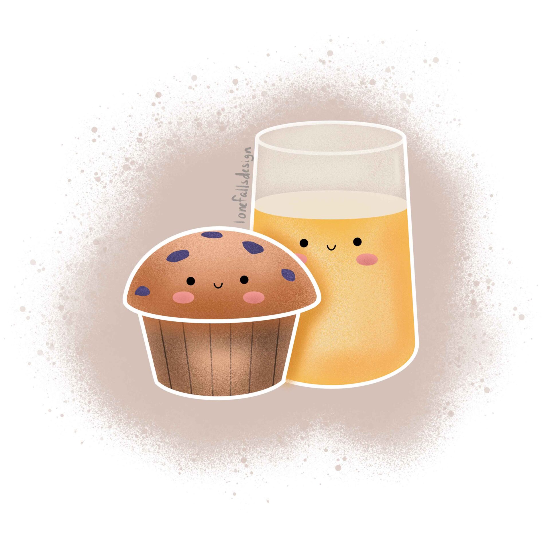 Cute muffin and orange juice whimsical illustration.